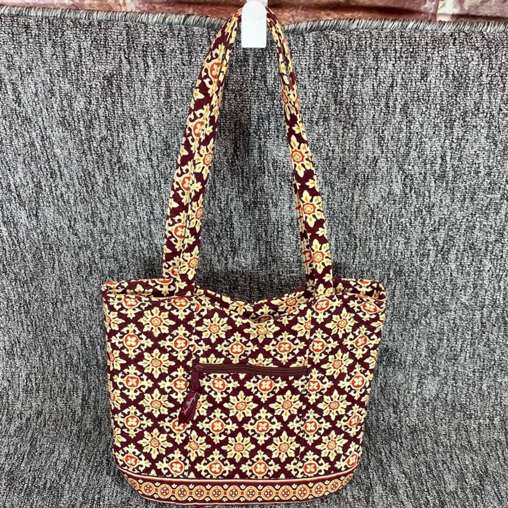VTG Vera Bradley Burgundy Yellow Floral Tile Quilted Shoulder Tote Bag Zip